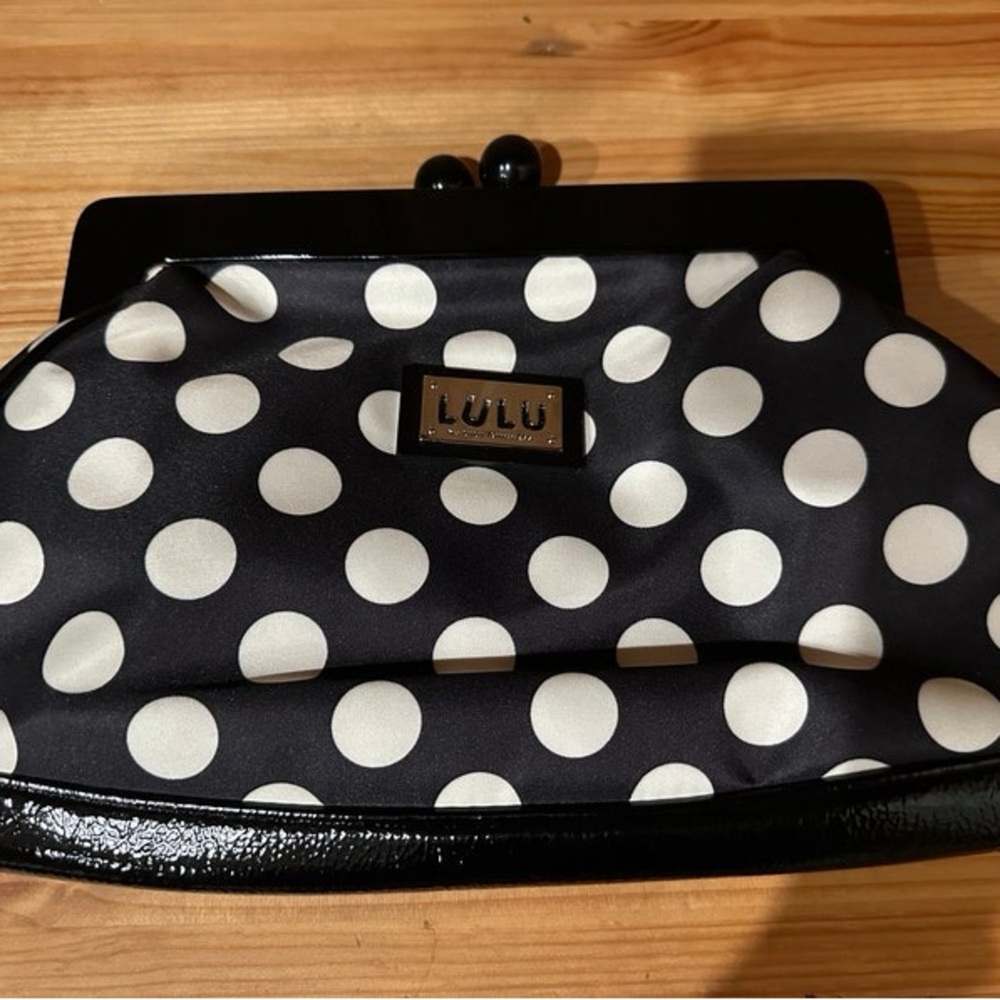 Retro Lulu by Guinness BW Polka Dot Sateen & Patent Leather Clutch